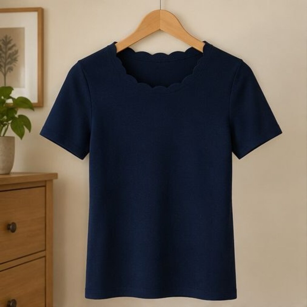 Navy Scallop Neck Knit Top
